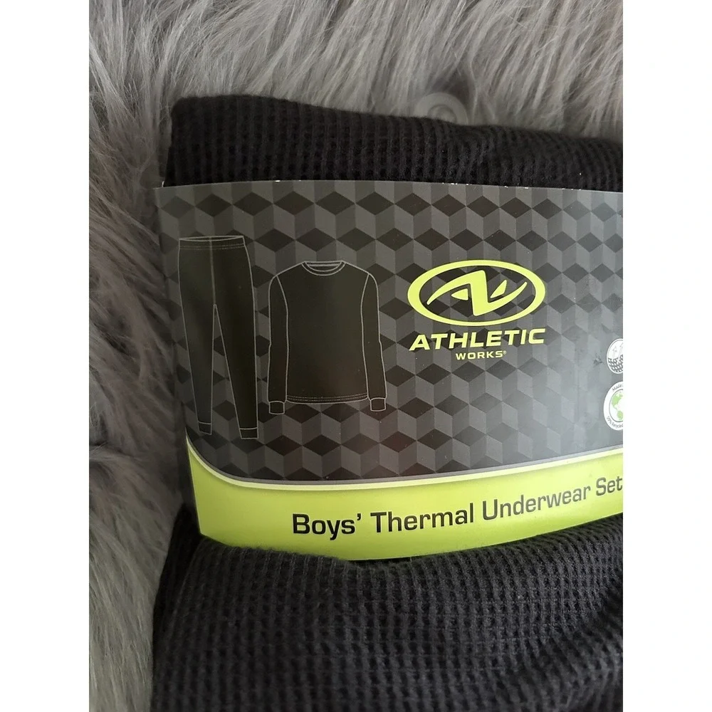 Athletic Works Thermal Underwear Set Boys Size‎ Medium Black Waffle Pajama Set